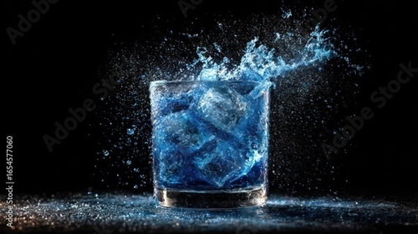Obraz Vibrant blue liquid splashes explosively from a glass with ice cubes against a dark backdrop