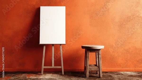 Fototapeta Empty easel and stool in a terracotta room