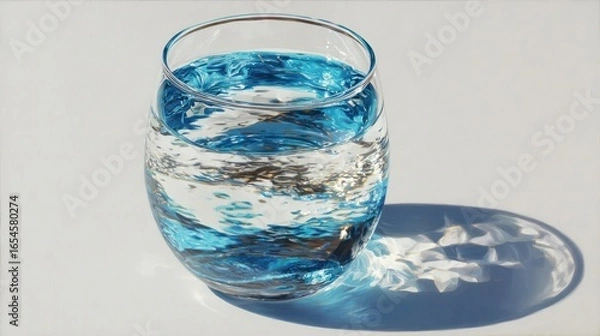 Obraz A clear glass, filled with rippling blue and clear liquid, casts a shadow on a white surface