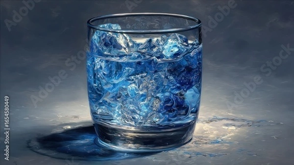 Obraz A transparent glass filled with glistening ice cubes, reflecting light on a textured surface