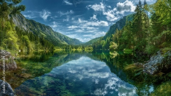 Fototapeta  a sky with scattered clouds and lush  green mountains