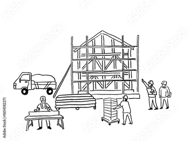 Obraz 家を建てる、大工、ハウスメーカー、建築士、線画