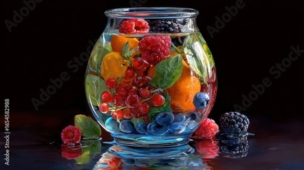 Obraz Berries and oranges suspended in water inside of a clear glass bowl on dark surface