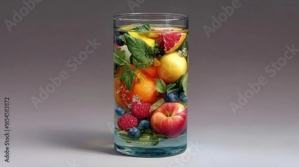 Obraz Refreshing tall glass filled with fruit and water; healthy, clear, and vibrant