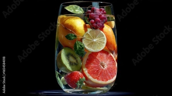 Obraz Tall glass filled with a medley of assorted vibrant fruits in water, against a black backdrop