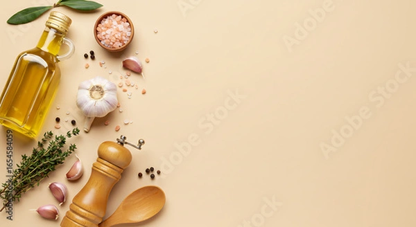 Fototapeta Minimalist flat lay of cooking essentials on pastel beige background. Olive oil bottle, pink Himalayan salt, black pepper grinder, thyme sprigs, garlic cloves, and wooden spoon placed on one side, lea