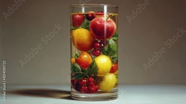 Obraz Clear glass cylinder filled with colorful mixed fruit and green leaves, lit dramatically