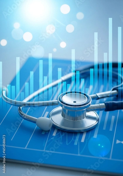 Fototapeta Stethoscope on a medical chart with a digital health data graph overlay