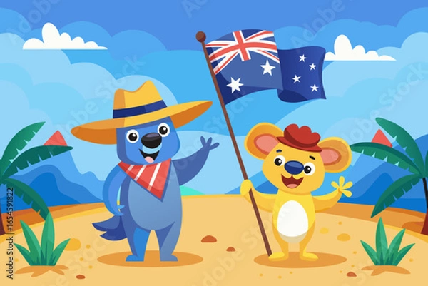 Obraz Cartoon koalas with australian flag on a beach with palm trees and blue sky illustration