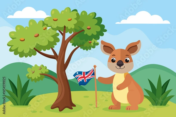 Obraz Cartoon kangaroo with australian flag standing near a tree in a beautiful landscape illustration