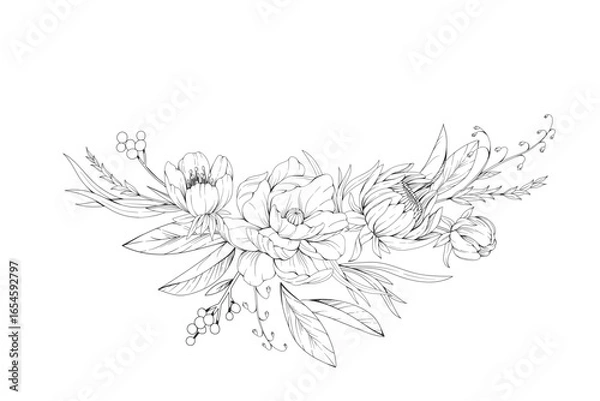 Obraz Botanic set of detailed various flowers and brunch. Luxury vintage floral collection for wedding invitation, wallpaper art or save the date card. Botanical vector illustration