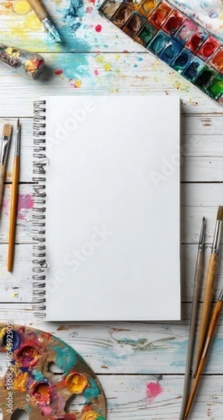 Obraz Blank sketchbook surrounded by art supplies