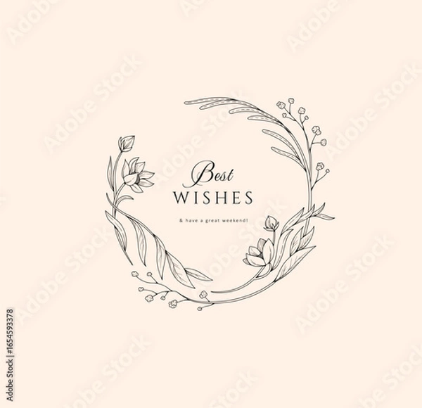 Obraz Elegant calligraphic botanical wreath, floral frame and graceful branches. Wedding wildflowers for invitation save the date card. Botanical feminine rustic vector illustration