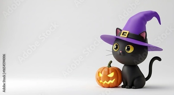 Fototapeta 3d cartoon illustration, cute black cat in purple witch hat for halloween on the right, against pure white tones, ample copy space on the left. ,isolated on bright background