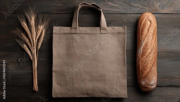 Obraz Rustic reusable tote bag beside a loaf of bread on a dark wooden table with wheat sprigs