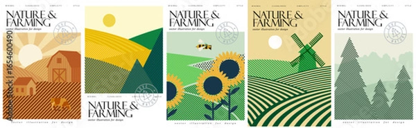 Fototapeta Nature, agriculture and farming. Vector geometric abstract illustration of countryside, barn, fields, sunflowers, windmill, mill, landscape, farm for village poster, cover or rural background