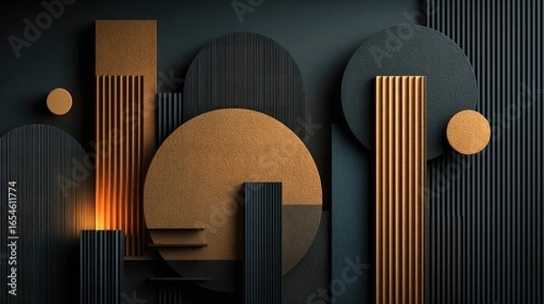 Fototapeta Abstract geometric shapes, dark colors, layered design