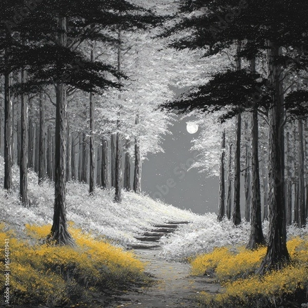Fototapeta A grayscale forest path, moonlit