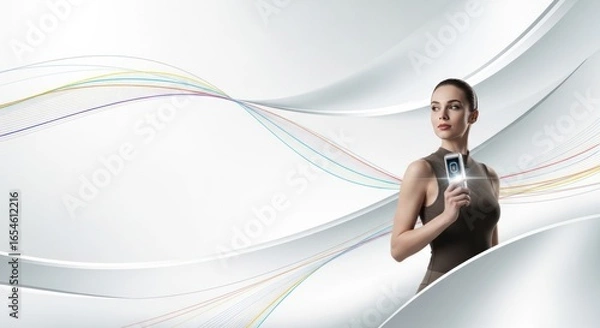 Fototapeta Elegant Woman Holding Smartphone Against Abstract Background with Fluid Lines and Soft Curves, Symbolizing Technology and Modern Design
