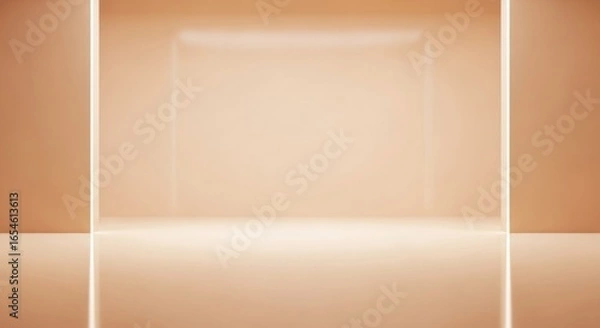 Fototapeta Minimalist empty photo studio background in soft peach tones with subtle lighting for product photography and creative display purposes.
