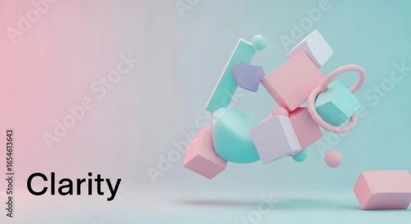 Fototapeta Abstract minimalist composition featuring pastel geometric shapes and the word 'Clarity' in bold, on a soft gradient background for modern design projects