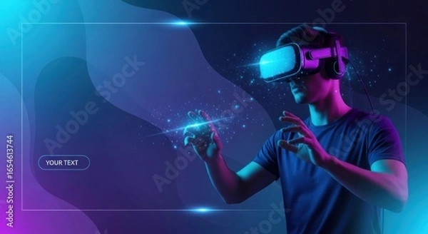 Fototapeta Young Man Engaged in Virtual Reality Experience with VR Headset and Dynamic Visual Effects, Exploring Digital World and Gesture Control Mechanisms