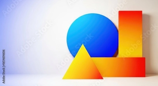 Fototapeta Colorful Geometric Shapes Including Blue Circle, Yellow Triangle, and Orange Rectangle Against Soft Gradient Background for Creative Design Projects