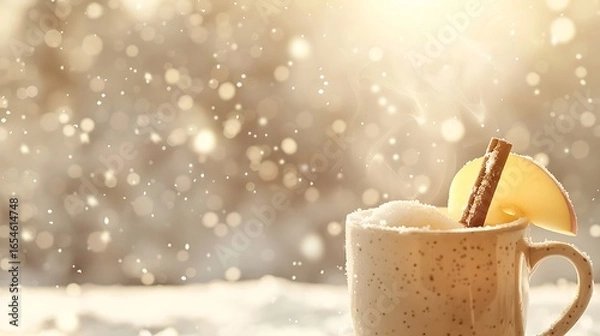 Fototapeta Cozy winter drink with cinnamon and orange slice in snowy setting