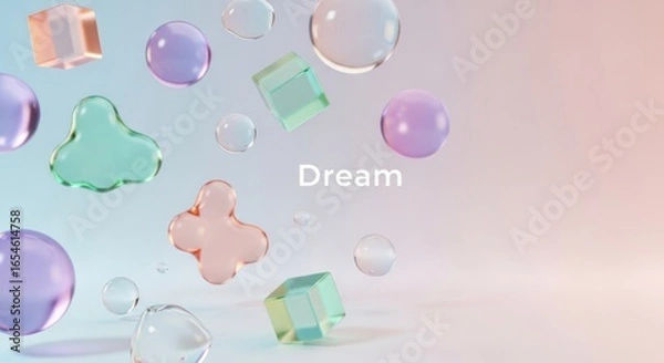 Fototapeta Ethereal and Dreamy Abstract Composition Featuring Colorful Geometric Shapes and Bubbles on a Soft Pastel Background