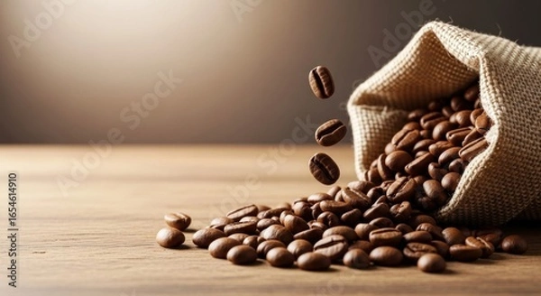 Fototapeta Freshly roasted coffee beans pouring out of a burlap sack onto a wooden surface, creating a warm and inviting coffee lover's scene