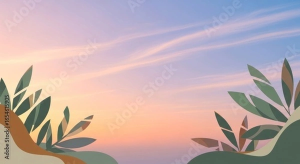 Fototapeta Serene Sunset Landscape with Pastel Sky and Abstract Leaves, Perfect for Tranquil Backgrounds in Nature-themed Designs and Art Projects