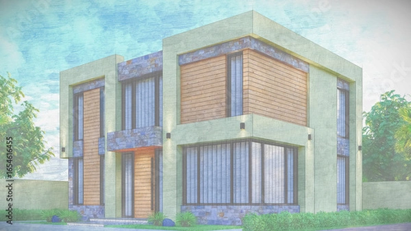 Obraz 3D illustration of a contemporary two-story villa