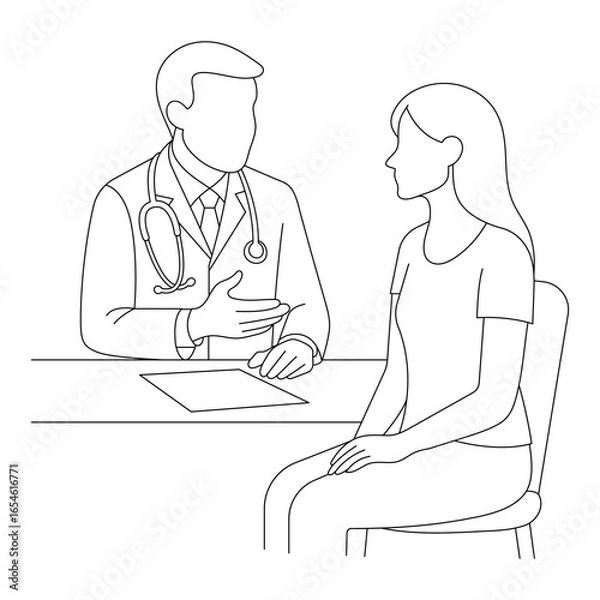 Fototapeta Line art of a doctor consulting with a female patient at a desk. The doctor explains while the patient listens attentively, representing healthcare advice and diagnosis.