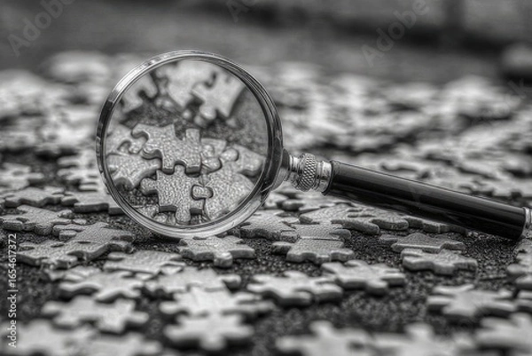 Fototapeta Close-up of magnifying glass over scattered jigsaw puzzle pieces