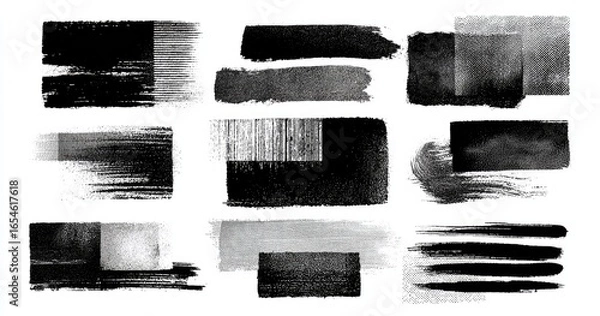 Fototapeta Abstract ink and paint brushstrokes in various shades of gray and black on white background