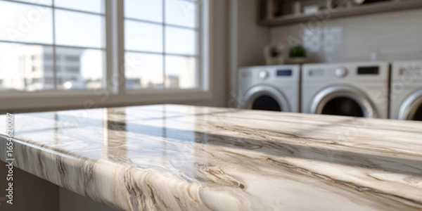 Fototapeta Clean bright laundry room with marble countertop