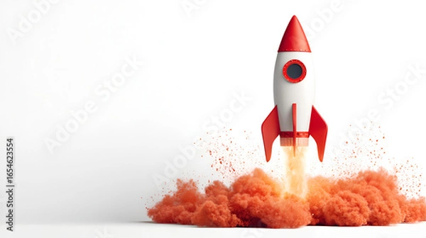 Fototapeta Red and white rocket launching with orange smoke explosion