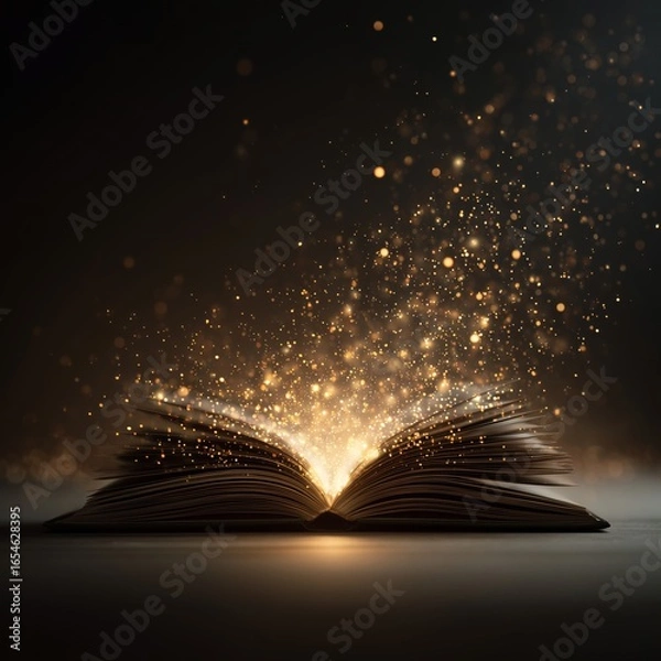 Fototapeta Book of enchantment: An open book illuminates with enchanting golden particles in the dimly lit space, symbolising discovery and knowledge.