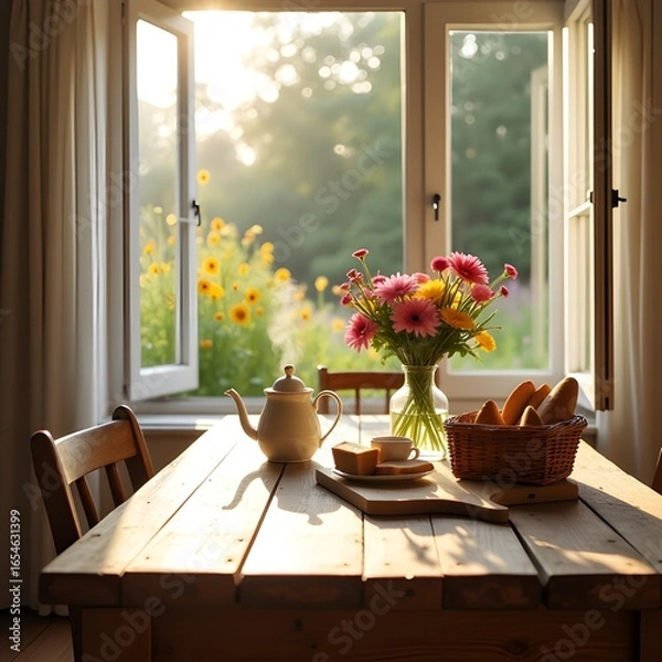 Fototapeta Huge rustic table near an open window, morning light, cozy breakfast with tea, fresh bread, flowers in vase, garden view outdoors