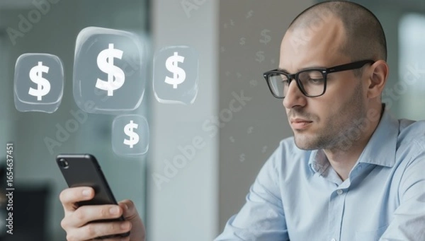 Fototapeta Man in modern office with smartphone and dollar signs