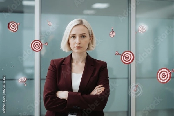 Fototapeta Woman in red blazer stands confidently in front of glass wall with target icons