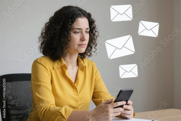 Fototapeta Woman at home office desk with smartphone and floating envelope icons