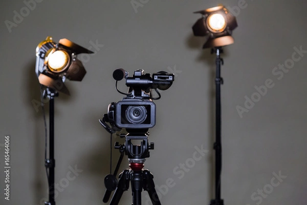 Fototapeta Camcorder and 2 spotlights with Fresnel lenses in the interior. Shooting an interview.
