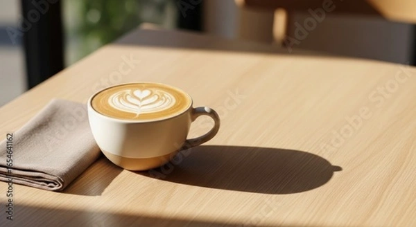 Fototapeta A Captivating Cup of Coffee with Beautiful Latte Art Resting on a Wooden Table Bathed in Soft Natural Light, Inviting Serenity and Warmth