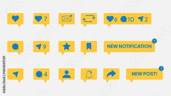 Fototapeta set of social media notifications illustration, heart, like, comment and message icon on yellow red shape, social and network concept.