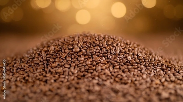 Fototapeta Close up of a mound of roasted coffee beans with bokeh background