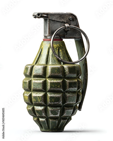 Obraz A weathered green hand grenade isolated on white background showing detail of its textured surface and metal fuse
