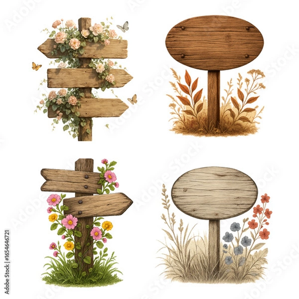 Obraz Wooden signpost with flowers isolated on transparent background