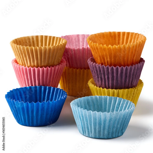 Fototapeta Colorful paper baking cups stacked and arranged on white background