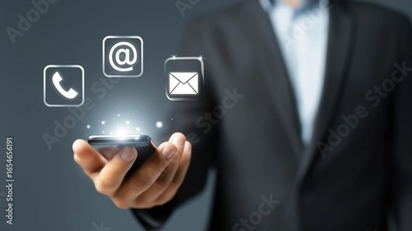Fototapeta Contact Us Background, Modern Communication Concept, Businessman in Formal Suit Holding Smartphone with Floating Glowing Contact Icons Including Email Envelope, Phone with Copy Space